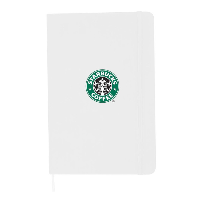 A white A5 notebook with an elastic band and a logo on the front.