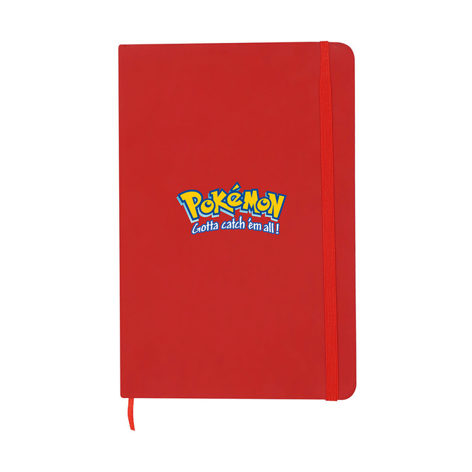 A red A5 notebook featuring a logo on the cover, with an elastic closure.