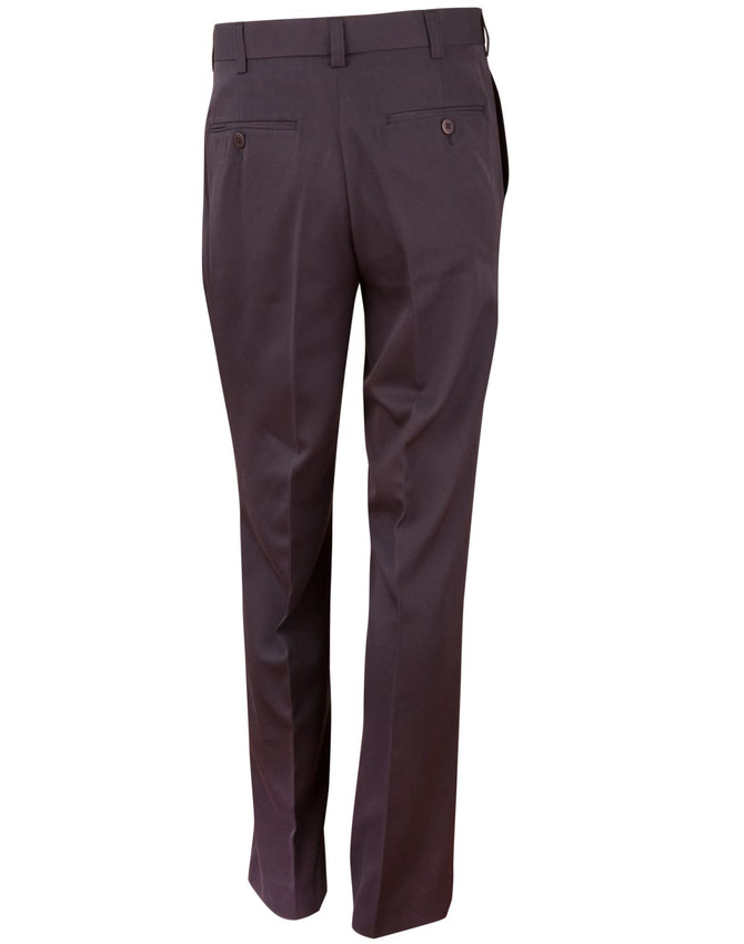 Dark grey men's permanent press slacks, featuring a straight-leg cut and back pockets. The pants have a sleek appearance.