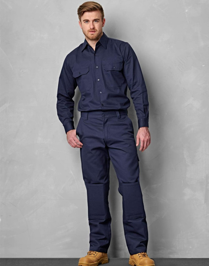 Navy blue men's cotton drill cargo pants featuring knee pads, with a fitted design and button-up shirt.