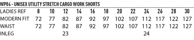 A table displaying size measurements for unisex utility stretch cargo work shorts, including waist and inleg dimensions.