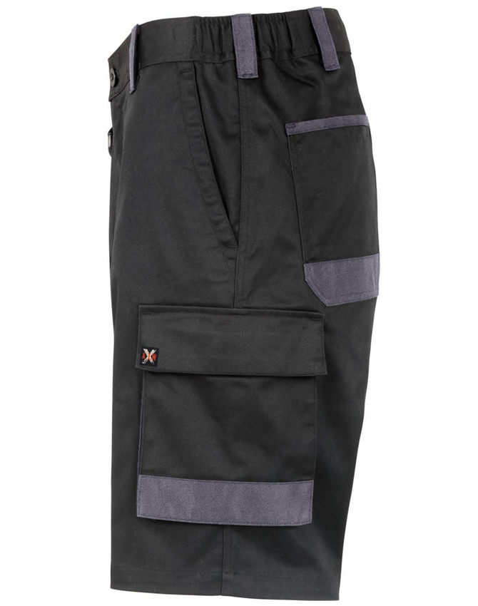 Unisex utility stretch cargo work shorts in black with grey accents and pockets. Features logo.