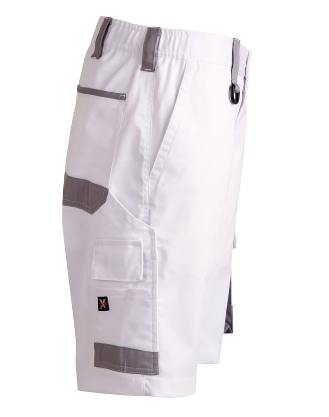 Unisex utility stretch cargo work shorts in white with grey accents, featuring multiple pockets and a logo.