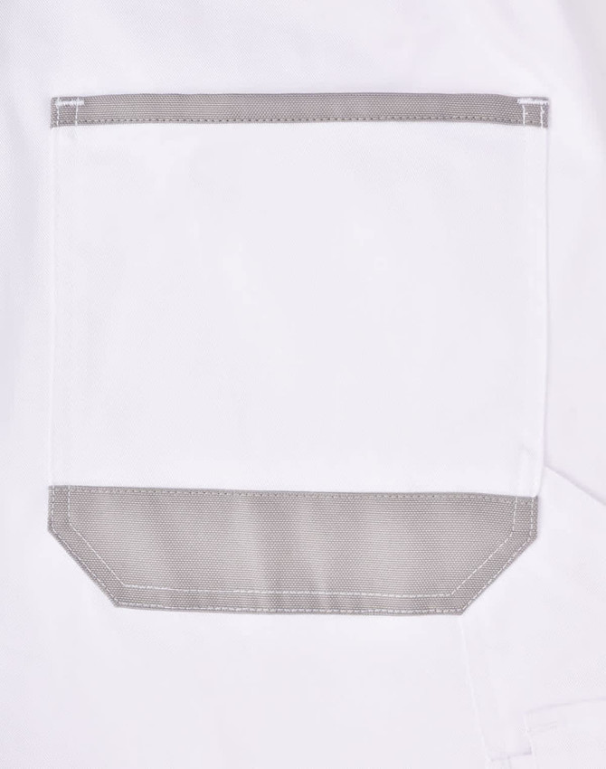 A white cargo short pocket featuring a grey trim and a logo. Simple design for utility use.
