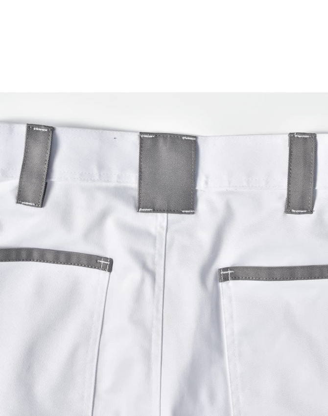Unisex utility stretch cargo work pants in white with grey accents and pockets, featuring a waistband and belt loops.