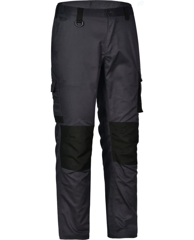 Unisex utility stretch cargo work pants in black with contrasting black panels and multiple pockets.