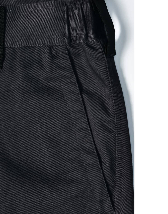 Unisex black utility stretch cargo work pants featuring an elastic waistband and side pockets. Includes branding.