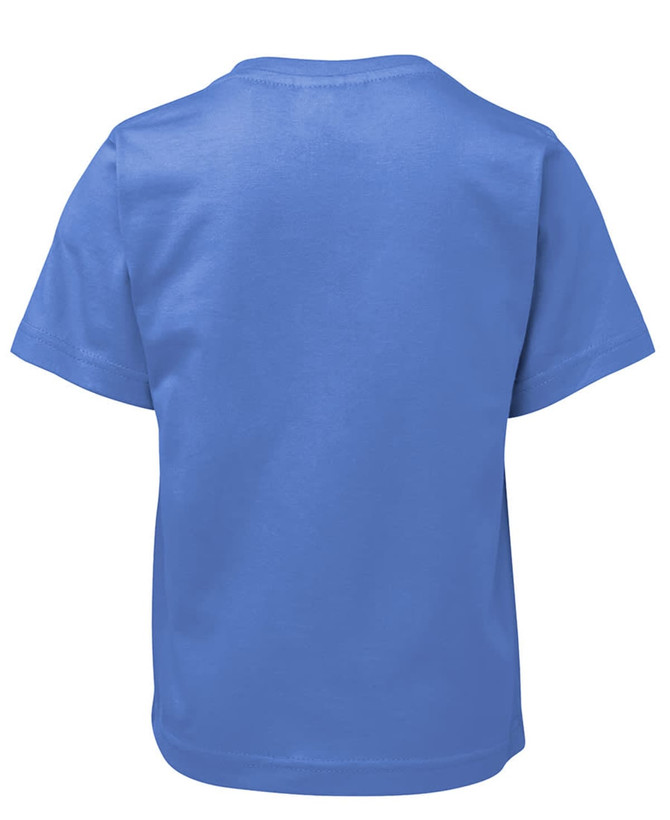 A blue children's t-shirt featuring a plain back. It has a simple design and includes a logo.