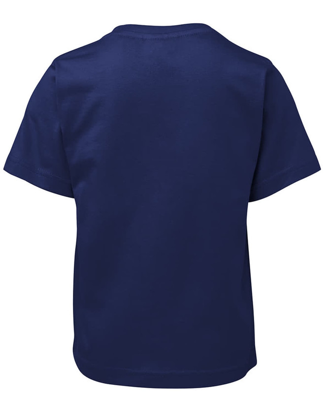 A navy blue children's t-shirt with a crew neckline and short sleeves, featuring a plain design on the back.