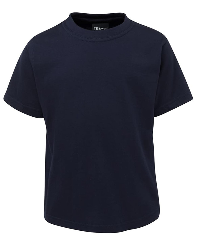 A navy blue children's T-shirt featuring a round neck and short sleeves, with a logo on the inside label.