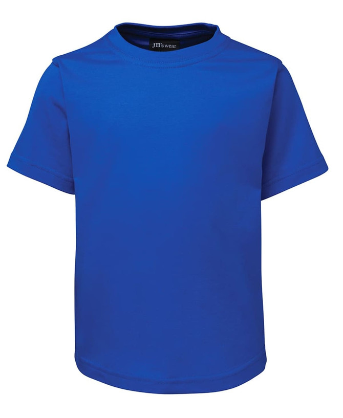 A plain blue children's T-shirt with short sleeves, featuring a label inside the neck area.