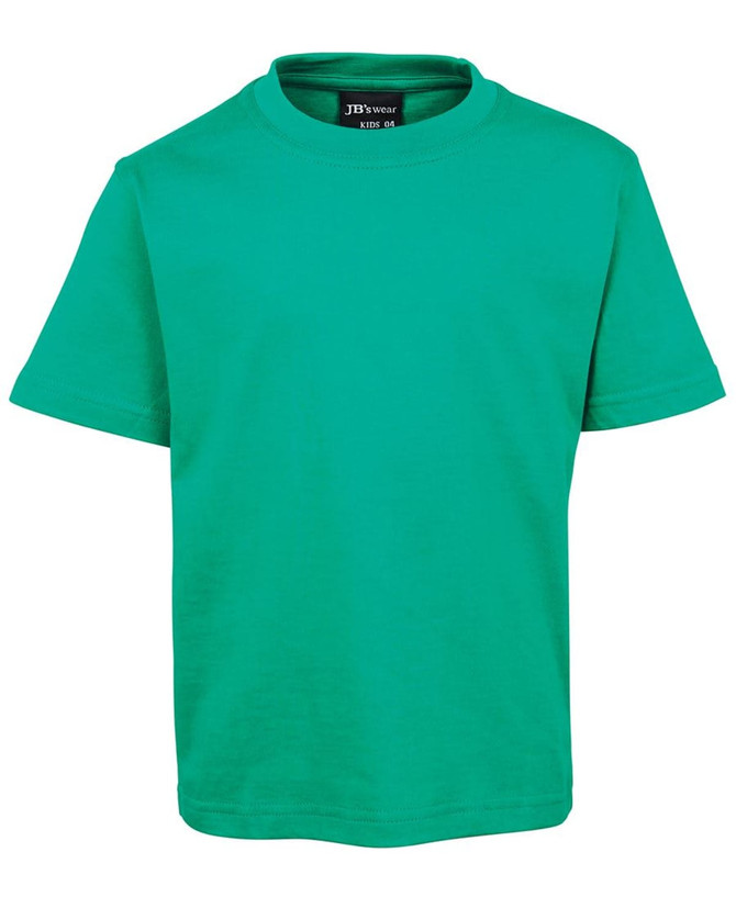 A green children's t-shirt with short sleeves and a round neckline, featuring a logo at the neckline.