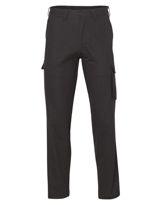 A pair of regular fit black cargo pants with drill pant pockets on the legs and a logo present.