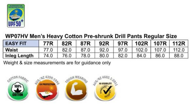 A chart detailing size measurements for heavy cotton drill pants in various waist sizes and inleg lengths.