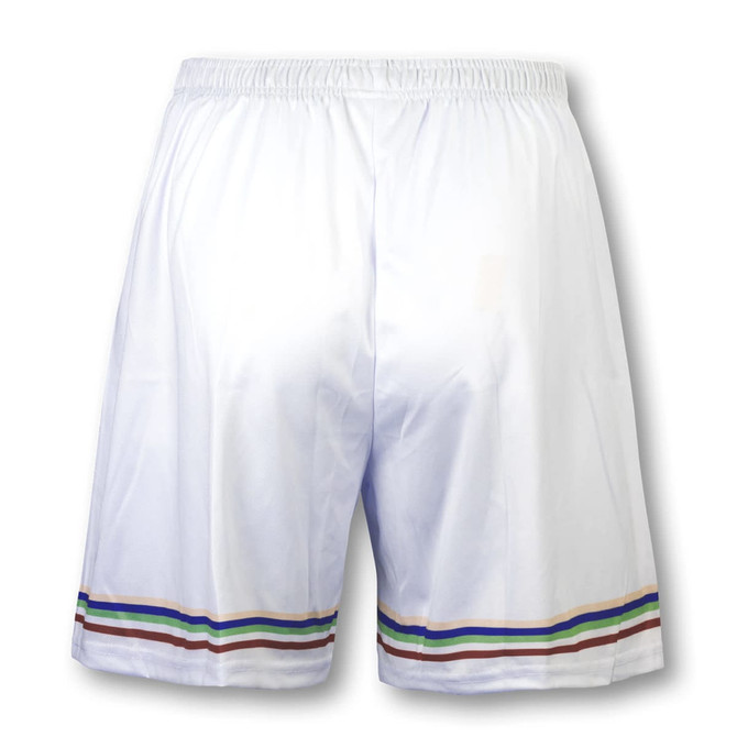 White sports shorts featuring a multi-coloured striped design at the bottom and an elastic waistband.