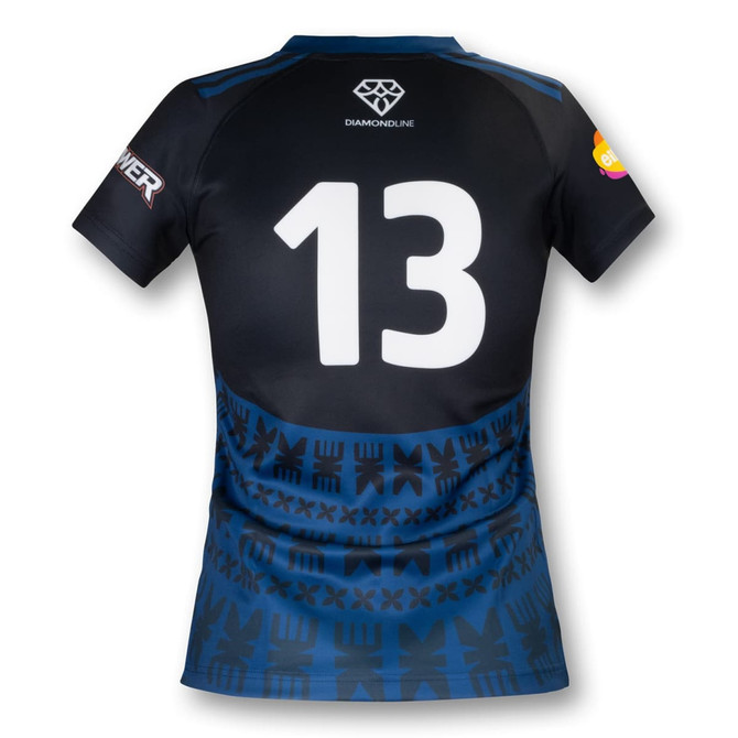 A black and navy women's performance rugby t-shirt featuring a patterned design and a number 13 on the back, with logos.