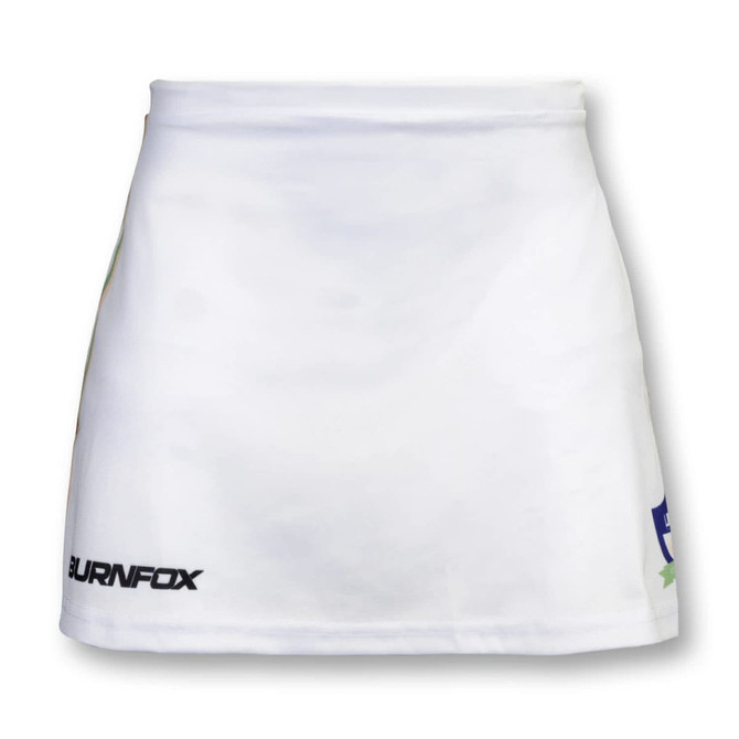 A white women's tennis skirt with a logo on the hem. The fabric appears lightweight and flexible.