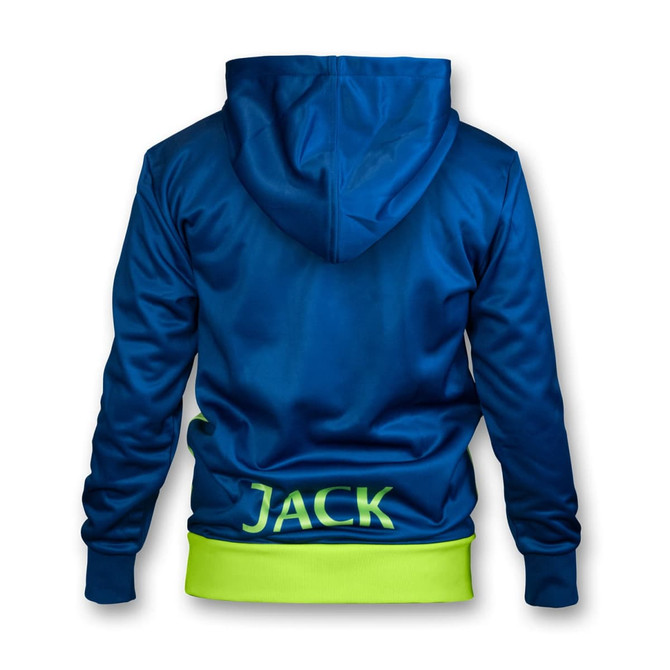 A blue hoodie with a hood and a lime green bottom, featuring a logo and the name "JACK" on the back.