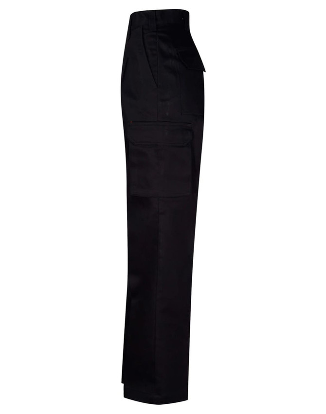 Black long-fit work pants featuring a drill pant pocket on the leg and a logo.