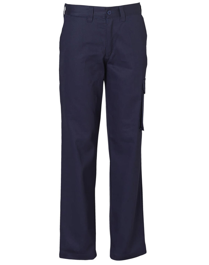 Navy cargo pants with pockets, featuring a button and zipper closure. Includes a branding logo on the waistband.