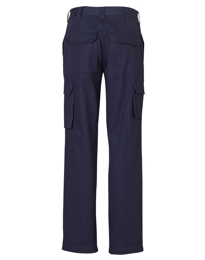 Navy cargo pants featuring multiple pockets and a standard fit, with a logo on the back.