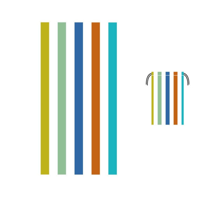 A beach towel featuring vertical stripes in lime green, aqua, navy, orange, and light blue, with a smaller version shown.
