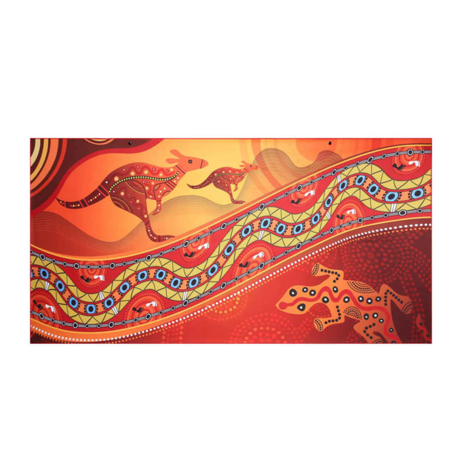 A beach towel featuring a vibrant Aboriginal art design with kangaroos, lizards, and warm orange and red colours.
