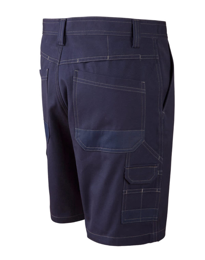 Lightweight semi-fitted navy work shorts with multiple pockets and a branding logo.