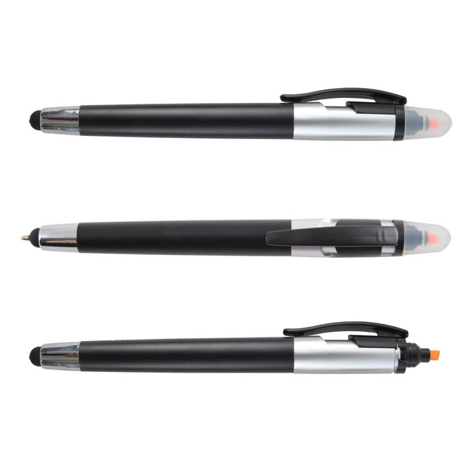 A collection of black stylus pens with silver accents, featuring a highlighter and a removable cap.