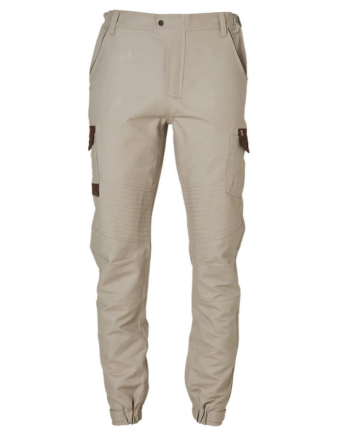 A pair of beige work pants featuring cargo pockets and a logo, designed for durability in work environments.