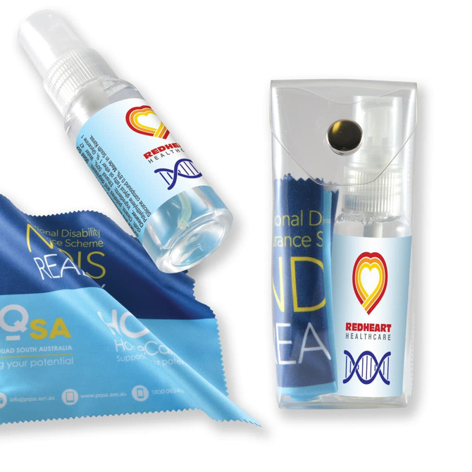 A blue cleaning cloth and a spray bottle in a clear case, featuring a logo and designed for screen cleaning.