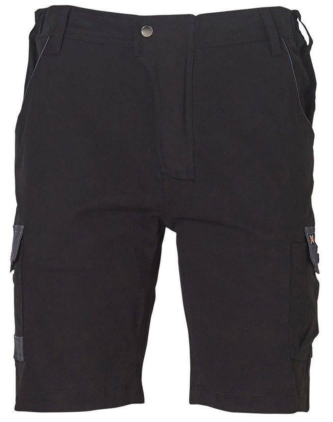 Work shorts in black with multiple pockets and a durable design. The garment features a logo on the side.