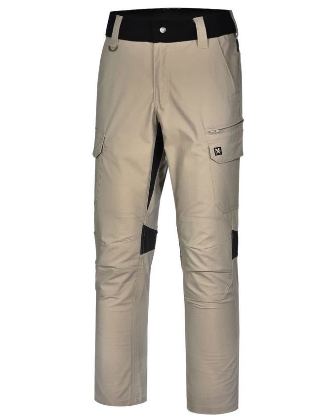 Rip-stop poly/cotton stretch work pants in beige with black panels and multiple pockets. Features a logo on the side.