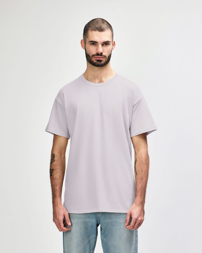 A light grey adult t-shirt with short sleeves, featuring a logo on the front.