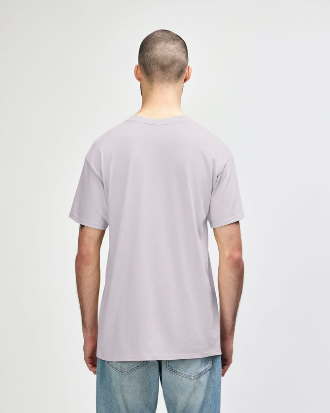 A grey Gildan Softstyle adult t-shirt is displayed, featuring a simple design and a logo on the back.
