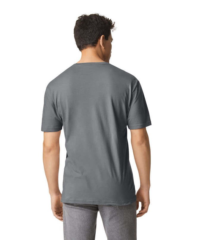 A grey Gildan Softstyle adult t-shirt displayed from the back, featuring a simple design and no visible logos.