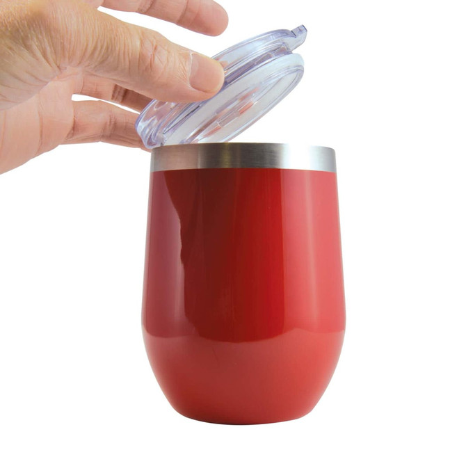 A reusable coffee cup in bright red with a silver rim and a clear lid being partially opened.