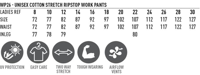 A table displaying sizing information for Unisex Cotton Stretch Ripstop Work Pants, including waist and inleg measurements.
