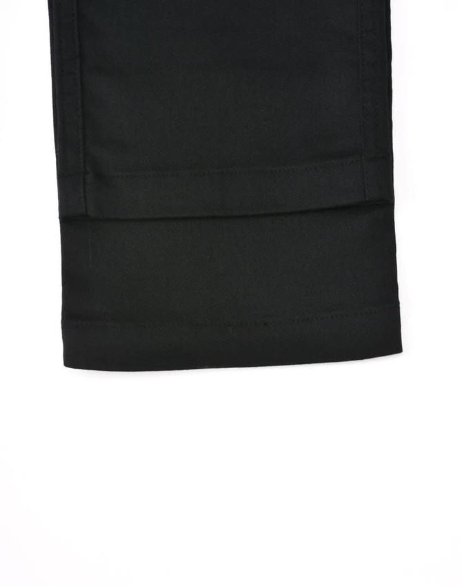 Black cotton stretch ripstop work pants featuring a clean hem and a simple design with a logo on the fabric.