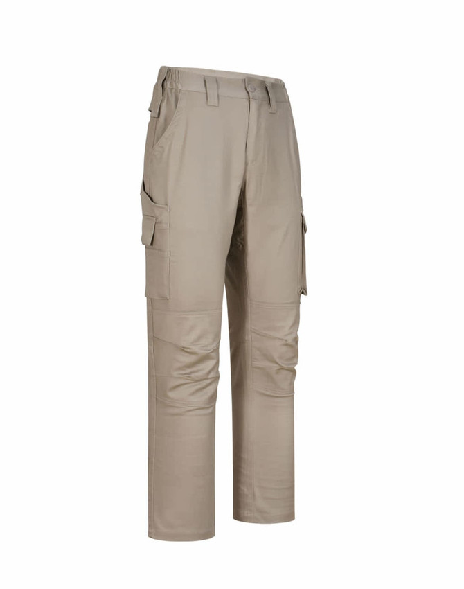 Unisex cotton stretch ripstop work pants in khaki with multiple pockets and a logo.