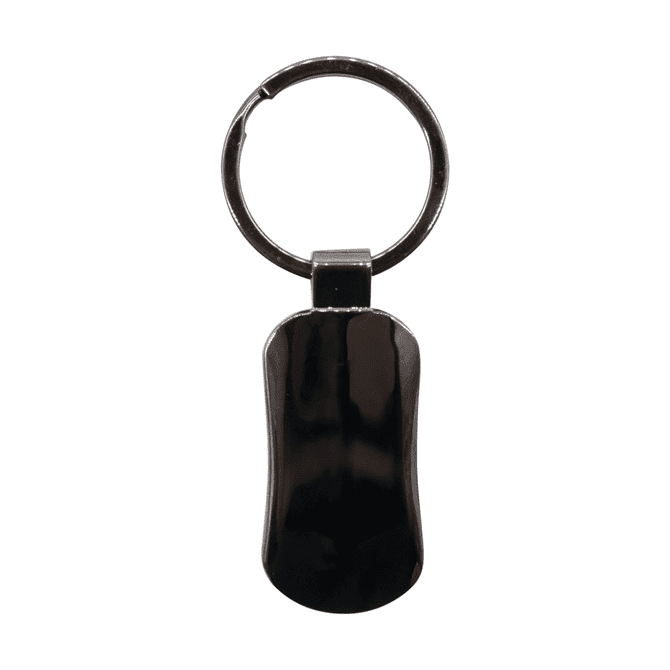 A gunmetal keychain with a smooth, sleek design and a round attachment ring. Features a logo on one side.