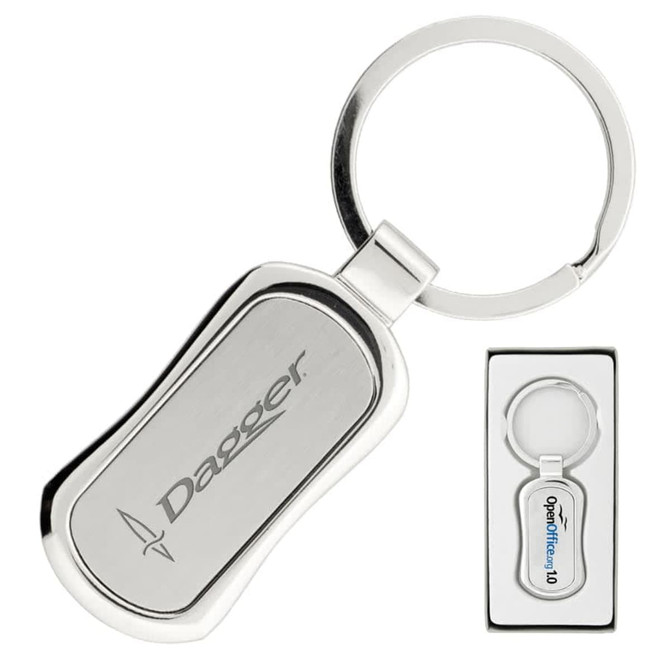 A silver keychain with a sleek design and a circular keyring, presented in a black box. It features a logo.