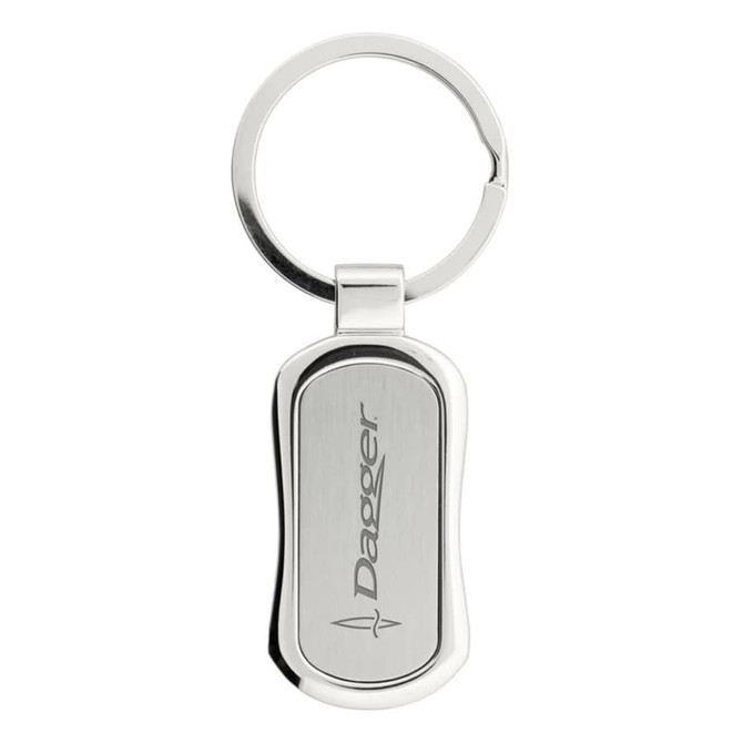 A silver keychain with a sleek, elongated design and a logo on one side.