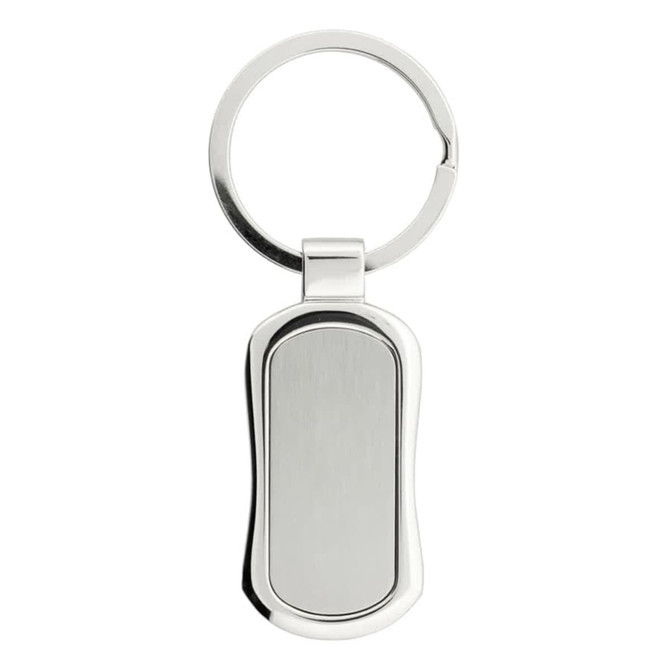 A silver keychain with a smooth, elongated rectangular design and a metal ring.