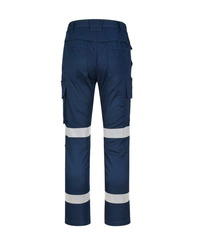 Unisex navy cotton stretch ripstop segmented work pants with reflective striping and multiple pockets.