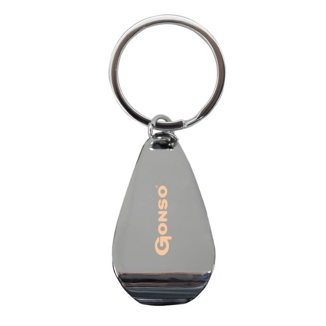 A silver keychain in a teardrop shape with a logo on one side.