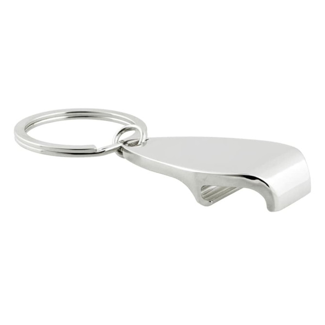 A silver keychain bottle opener with a smooth, sleek design and a circular keyring attachment.