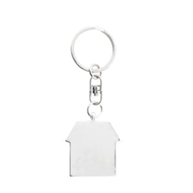 A silver keychain in the shape of a house, featuring a metal ring and a clasp.