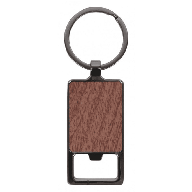 A rectangular keychain featuring a brown wood effect finish and a metal keyring. The keychain has a logo.