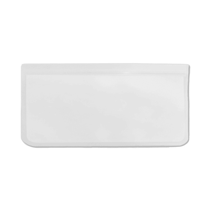 A transparent reusable food storage bag in white, featuring a zip closure and rounded corners.